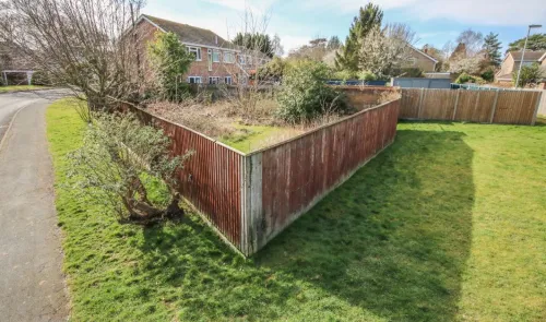 Overgrown garden with reddish-brown corrugated fence, bordering a residential street.