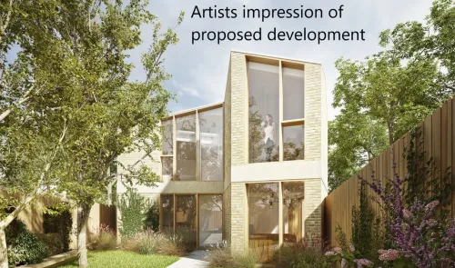 Artist's impression of a modern, light-filled home with large windows, surrounded by a green garden.