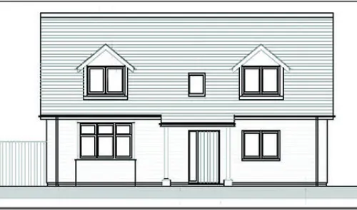 Front elevation architectural drawing of a two-story house with dormer windows and a covered entryway.