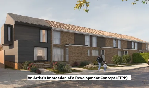 Artist's impression of modern terraced houses with brick and dark siding. A parent and child walk on the sidewalk. (STPP.