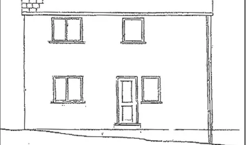 Simple line drawing of a house's facade, showing windows, door, and sloping ground.