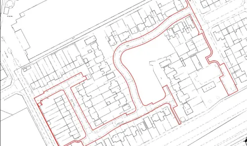 Site plan highlighting a residential area with a red border.
