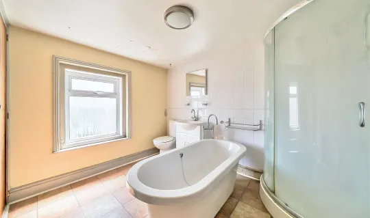 bathroom with freestanding white bath and shower unit